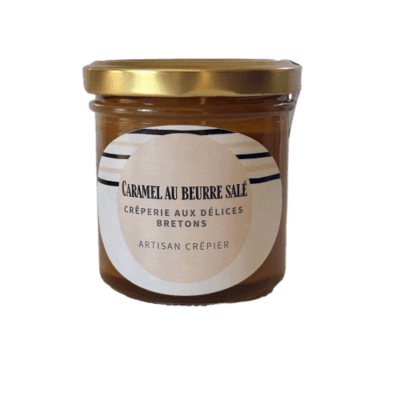 Pot de caramel beurre salé artisanal, texture crémeuse et gourmande.