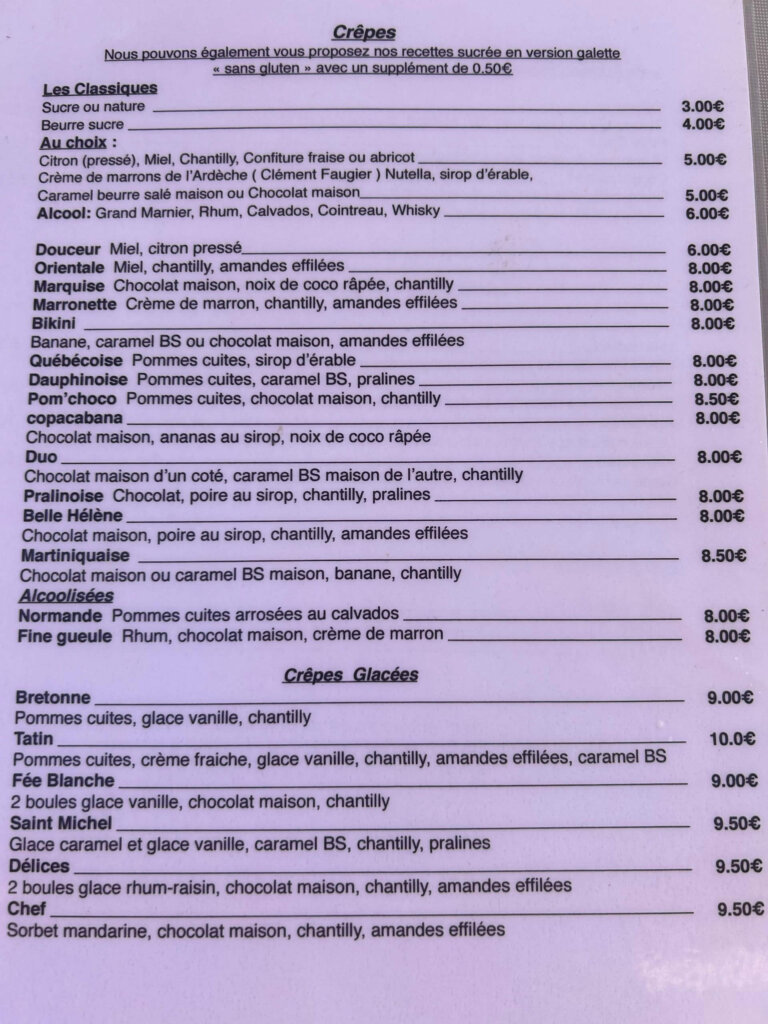 Carte restaurant