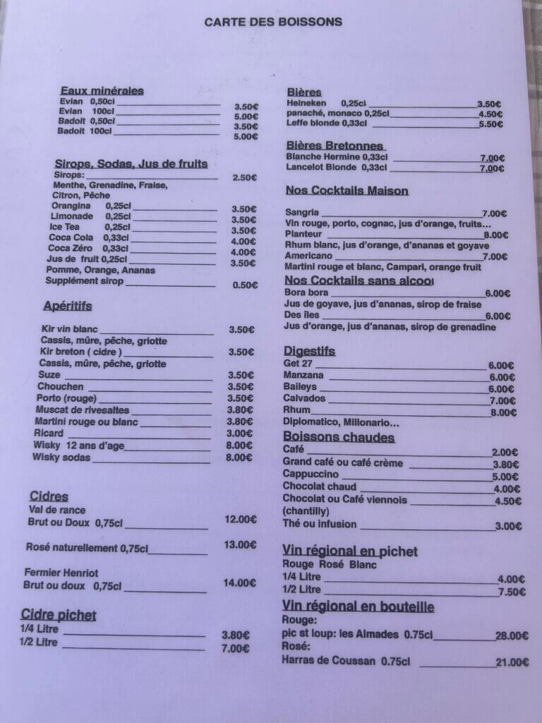 Carte restaurant