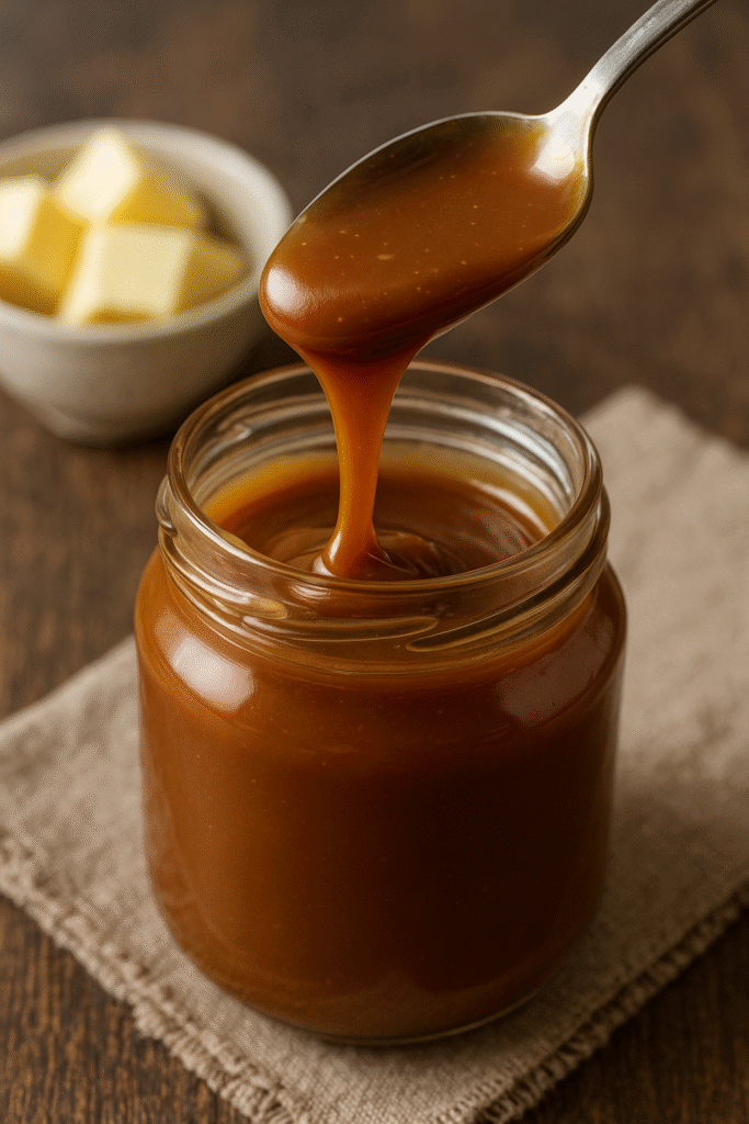 Pot de caramel au beurre salé maison prêt à durcir, texture lisse et brillante