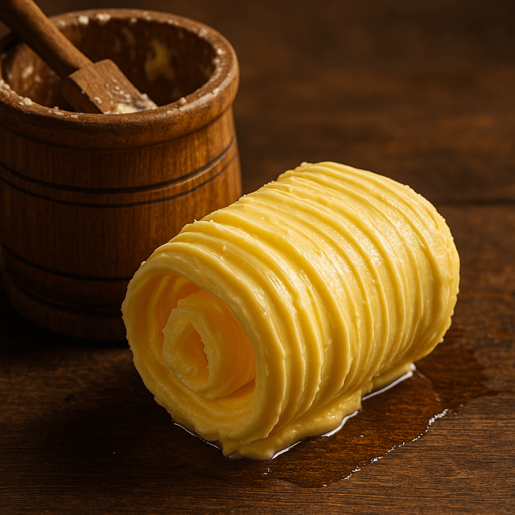 Beurre frais roulé et façonné à la baratte, posé à côté d’un petit tonneau en bois.