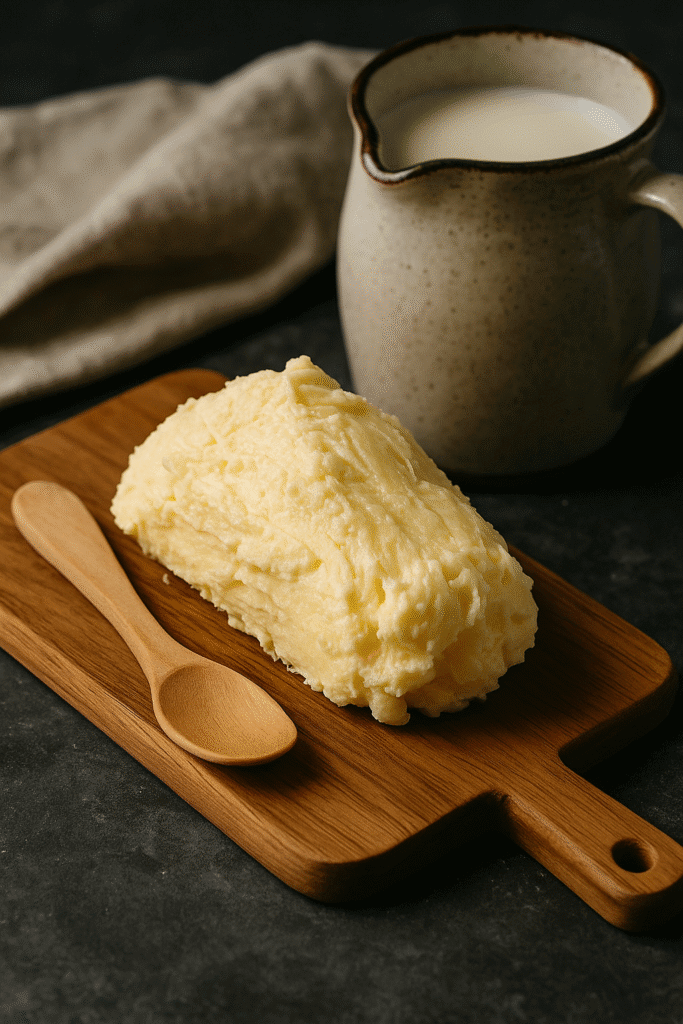 Beurre maison fraîchement battu sur une planche en bois, préparé comme un artisan breton
