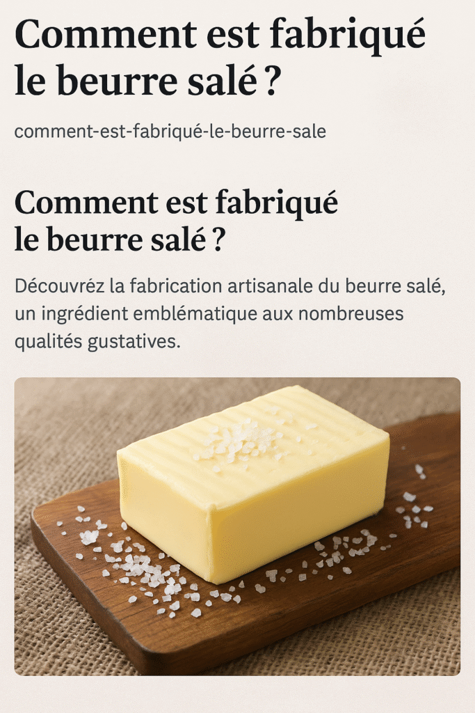 Bloc de beurre salé artisanal posé sur une planche en bois, avec des cristaux de sel déposés dessus.
