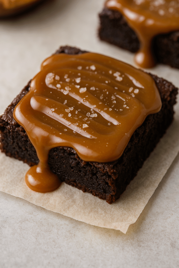 Brownie fondant au chocolat recouvert d’un caramel au beurre salé onctueux, avec quelques grains de sel sur le dessus.