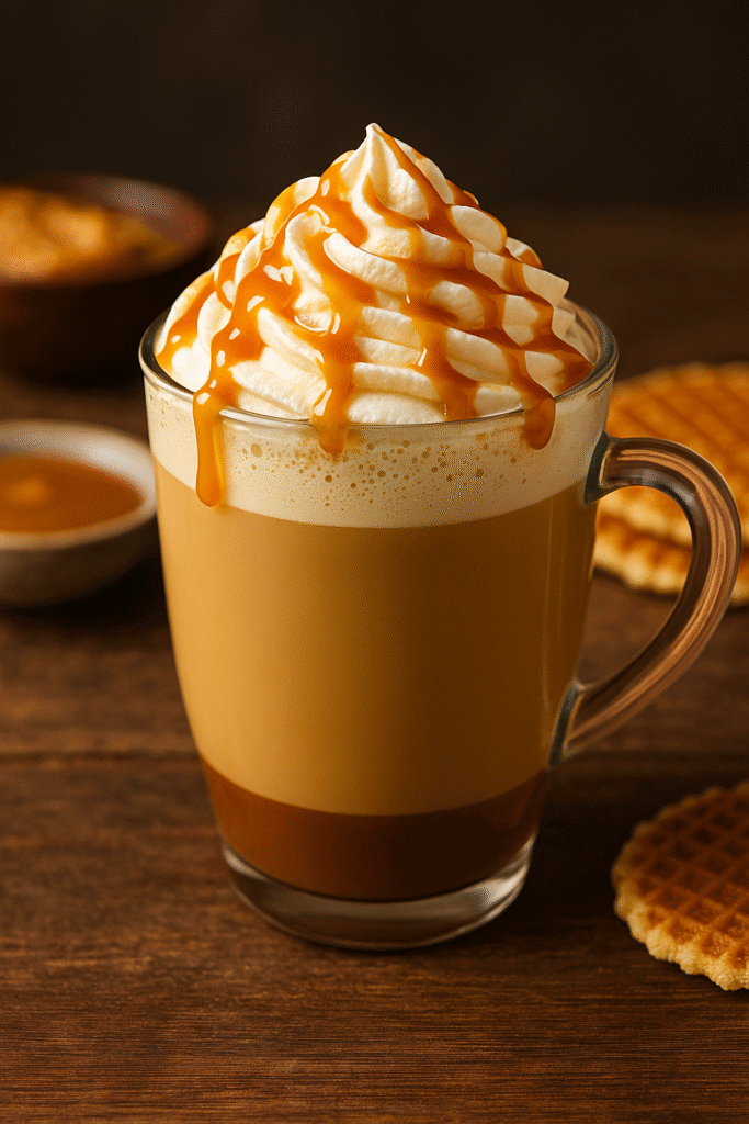 Photo d’un café latté crémeux nappé de caramel au beurre salé, présenté dans un verre transparent avec un filet de caramel sur le dessus.