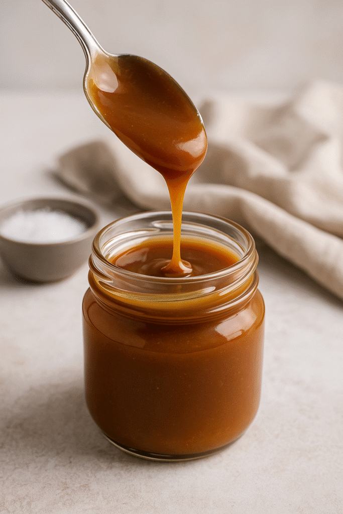 Spoon versant du caramel au beurre salé dans un petit pot en verre, avec une texture lisse et brillante.