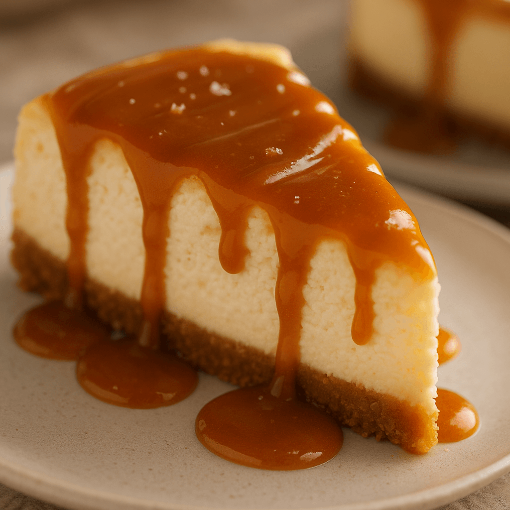 Part de cheesecake au caramel au beurre salé avec coulis qui coule sur les côtés