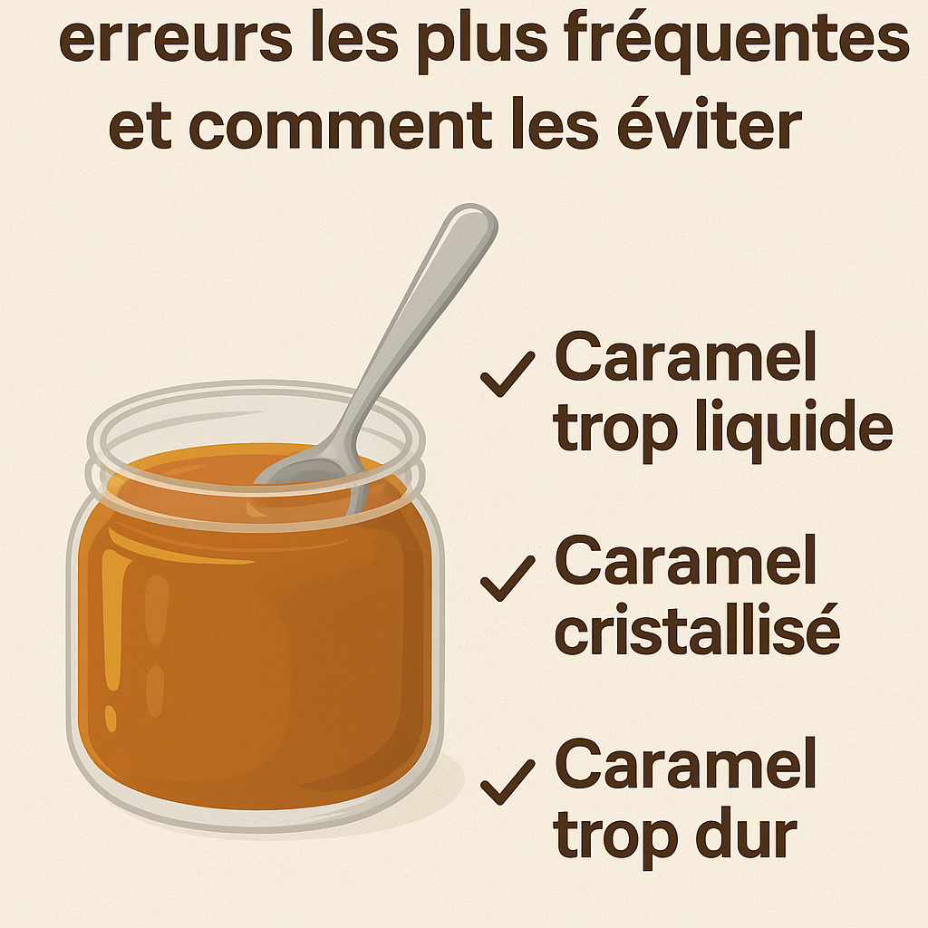 Illustration d’un pot de caramel au beurre salé accompagné d’une liste des erreurs les plus fréquentes : caramel trop liquide, caramel cristallisé et caramel trop dur.