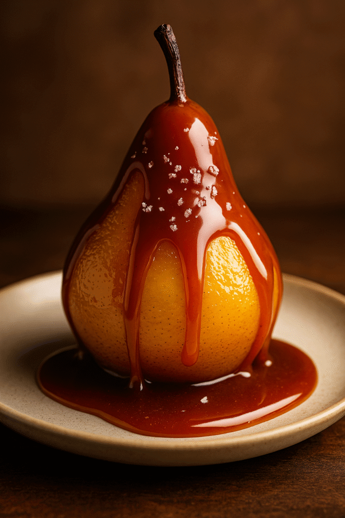 Poire caramélisée nappée de caramel au beurre salé, présentée dans une assiette gourmande, dessert fait maison.
