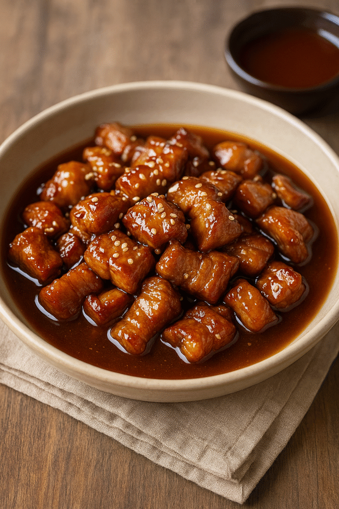 Morceaux de porc caramélisés nappés d’une sauce au caramel au beurre salé, servis dans un bol rustique.