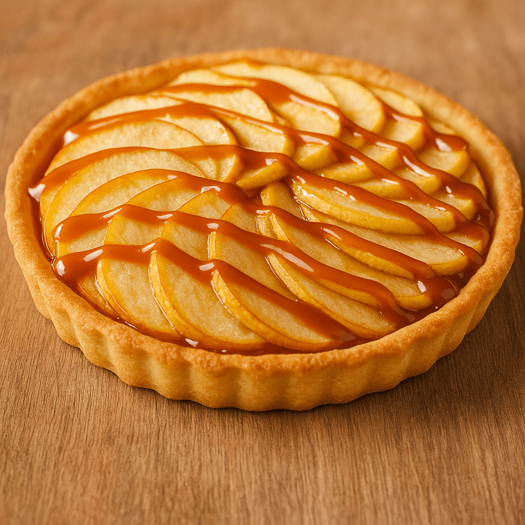 Tarte aux pommes nappée de caramel au beurre salé sur pâte dorée, présentée sur un fond en bois.
