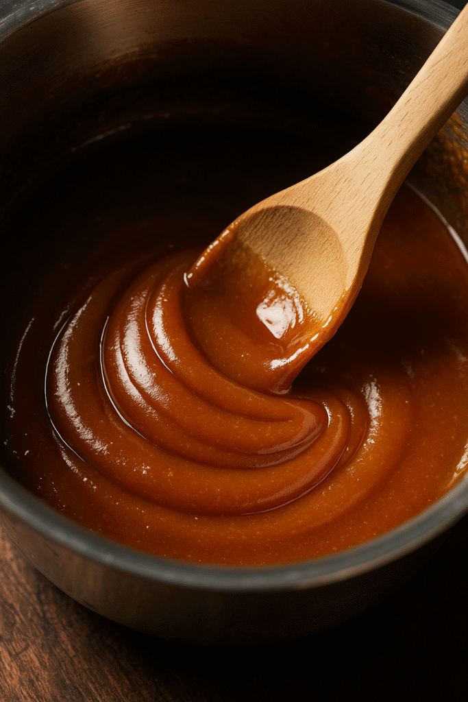 Caramel au beurre salé en train de cuire dans une casserole, gros plan sur la texture brillante et chaude.