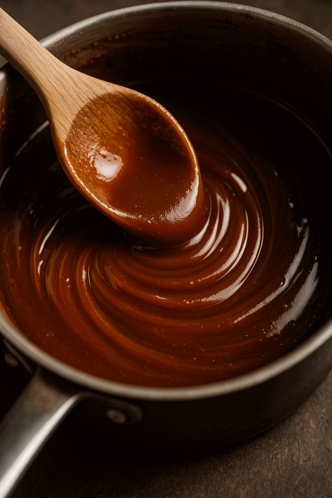 Gros plan d’un caramel au beurre salé épais et brillant remué avec une cuillère en bois dans une casserole.