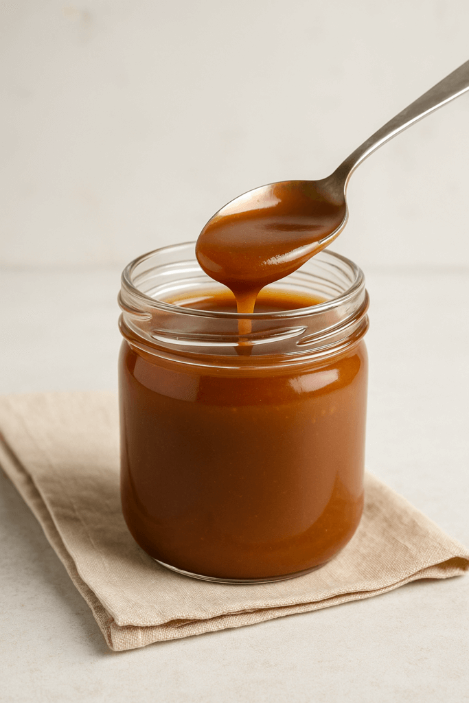 Pot en verre rempli de caramel au beurre salé onctueux, avec une texture lisse et brillante, posé sur une surface de cuisine.