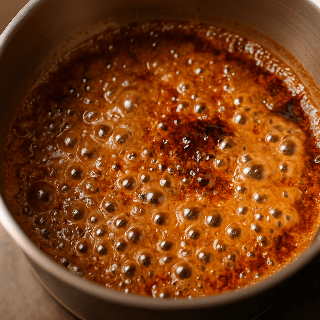 Gros plan d’un caramel en train de brûler dans une casserole, avec des bulles foncées indiquant une cuisson trop rapide.