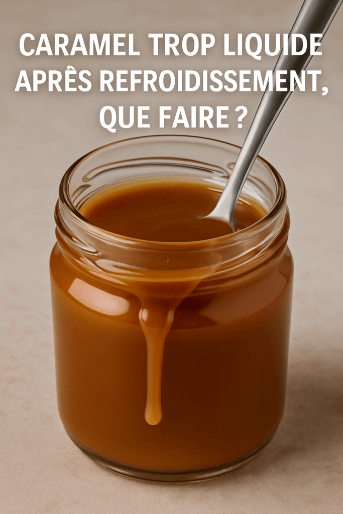 Pot de caramel trop liquide avec une cuillère plongée à l’intérieur, montrant la texture fluide après refroidissement.