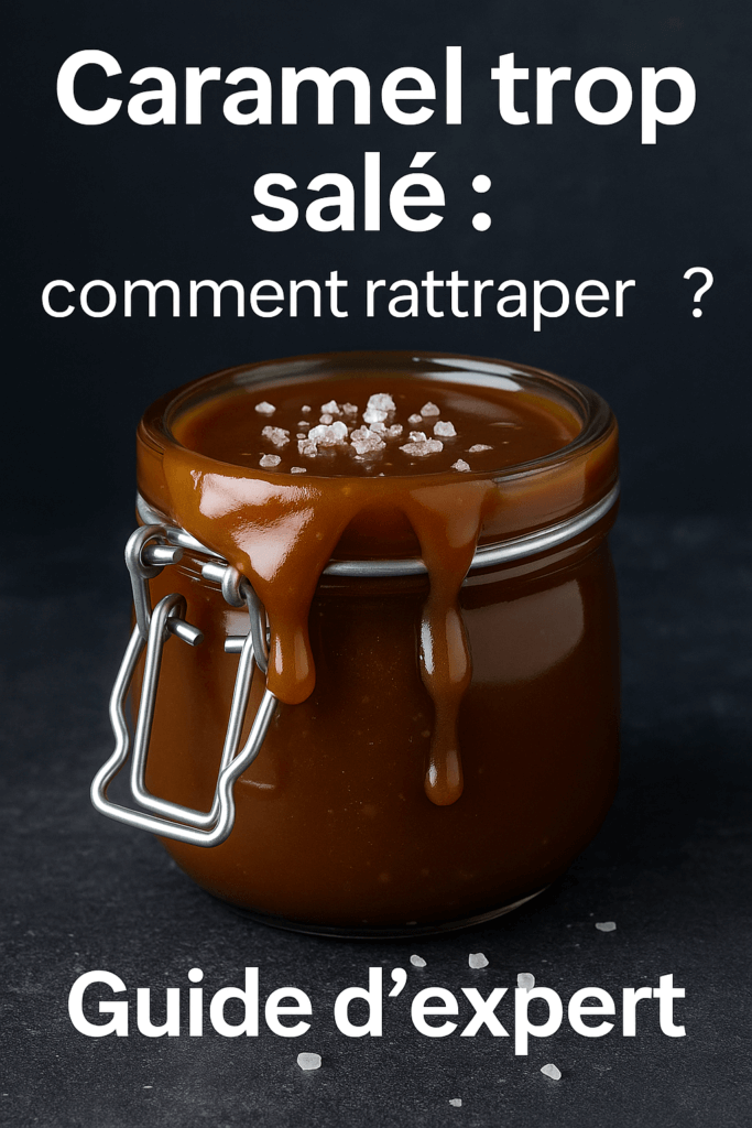 Pot de caramel au beurre salé avec cristaux de sel sur le dessus et caramel qui coule sur les bords, illustrant un caramel trop salé à rattraper.