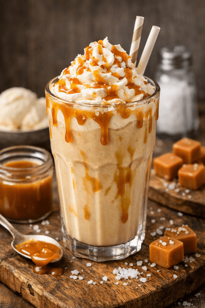 Milkshake au caramel au beurre salé crémeux avec chantilly et filet de caramel