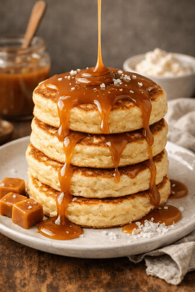 Pile de pancakes fluffy ultra moelleux nappés de caramel au beurre salé, servis pour un petit-déjeuner gourmand