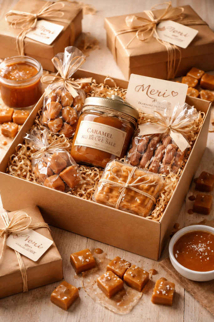 Coffret cadeau gourmand pour clients d’entreprise avec caramel au beurre salé artisanal et confiseries au caramel
