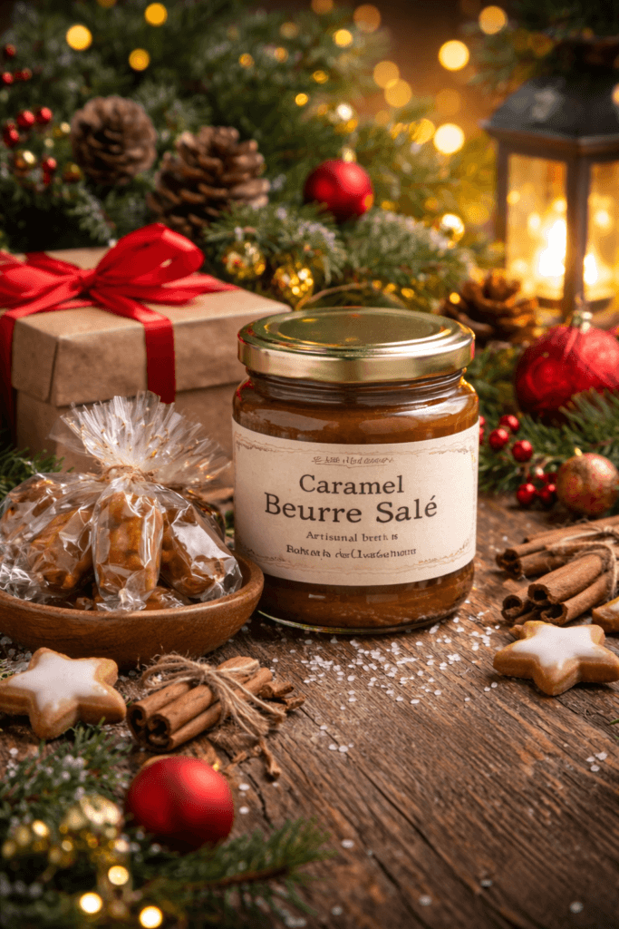 Cadeau entreprise Noël avec pot de caramel beurre salé artisanal breton et décorations de Noël