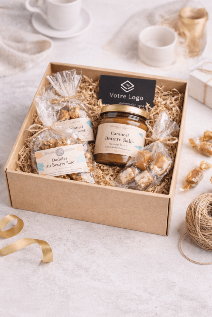 Coffret gourmand pour entreprise avec pot de caramel beurre salé artisanal breton